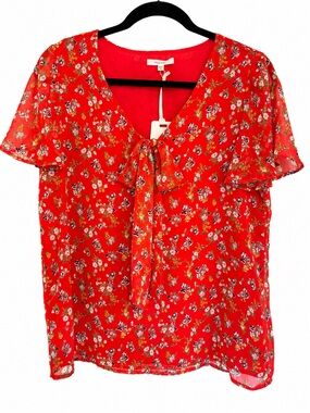 Pleione Floral Tie Neck Blouse NWT XS Flutter Sleeve Lined Top